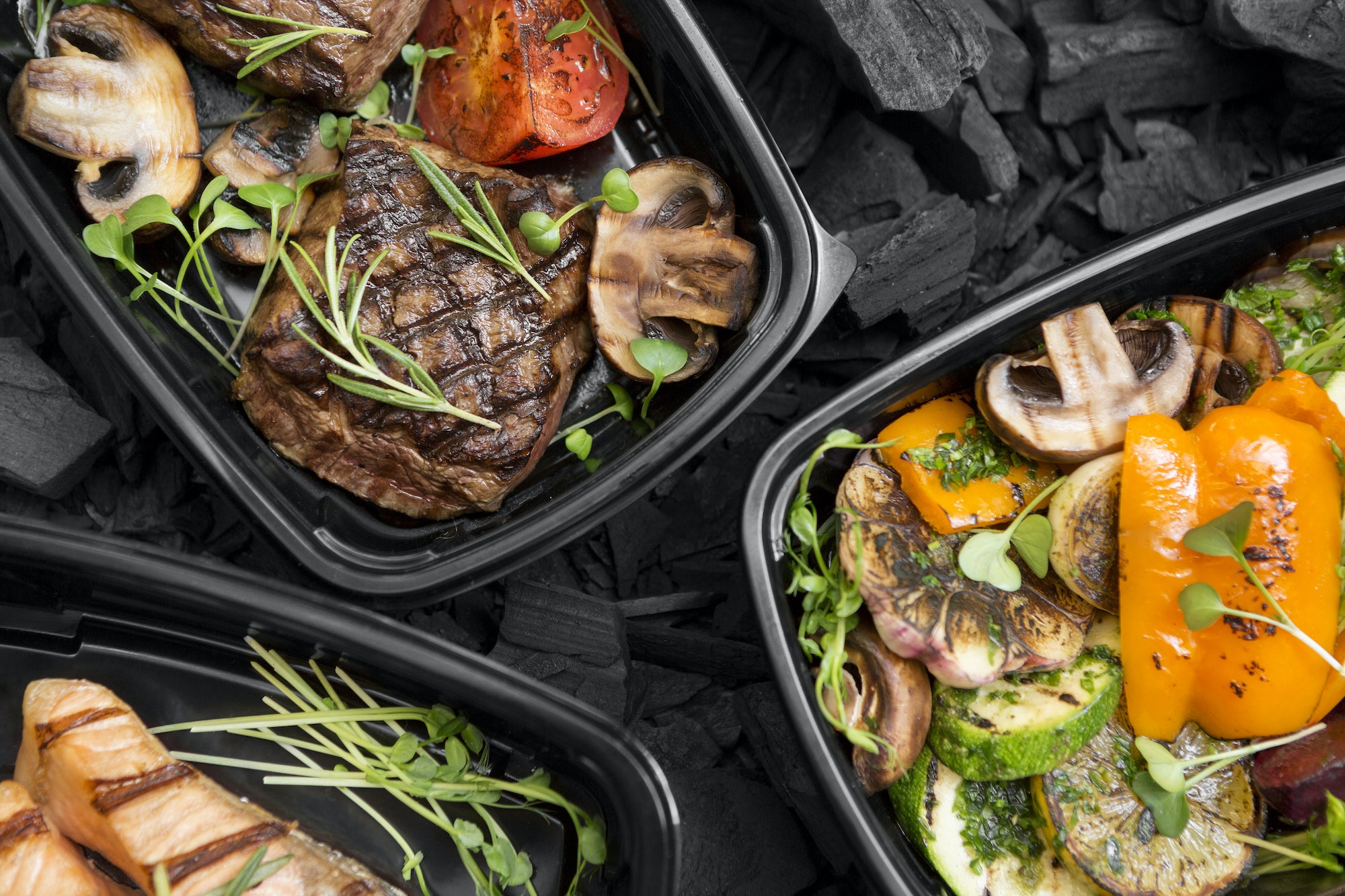 Close up of grilled good quality food from restaurant on coal