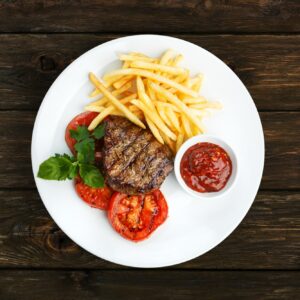 Restaurant food - beef grilled steak with french fries