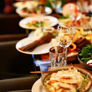 Served table with tasty food in restaurant
