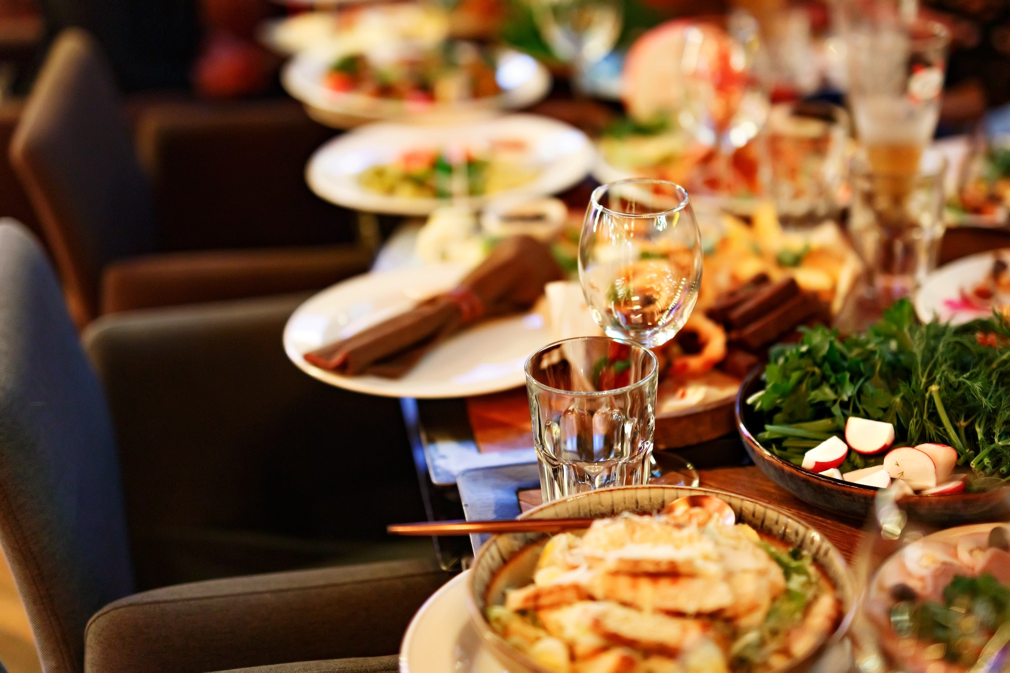 Served table with tasty food in restaurant